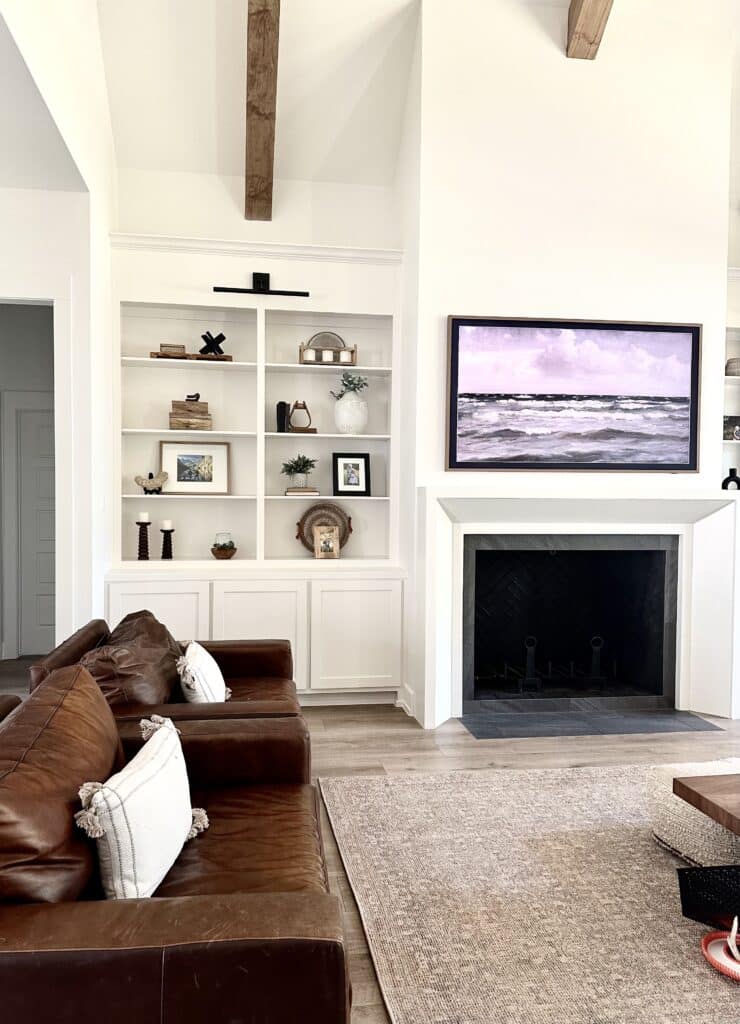 white shaker style cabinets in living room built ins around fireplace